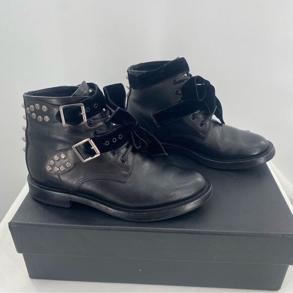 SAINT LAURENT Spike Studded Black Leather Combat Ankle Boots - Picture 1 of 12